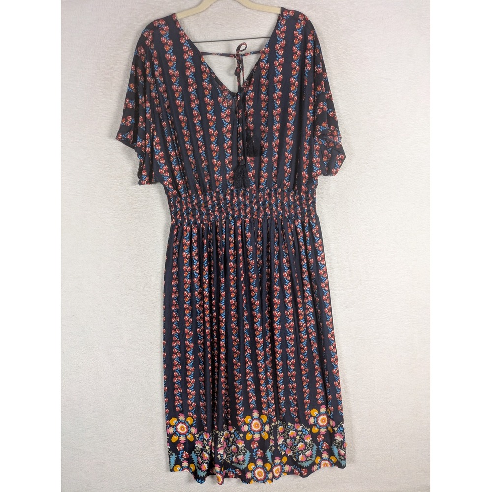 Lildy Maxi Dress Women's 2XL-3XL Navy Blue Floral Smocked Tassel Tie Back Boho